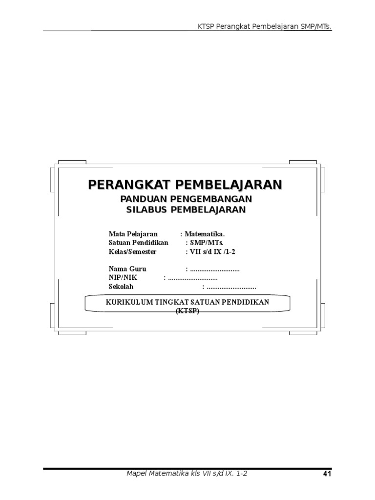 SILABUS SMP Matematika KTSP Kelas 7 8 9 Semester 1 Dan 2