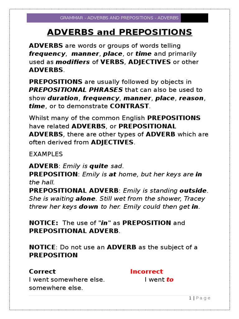 Adverbs And Prepositions PDF Adverb Adjective