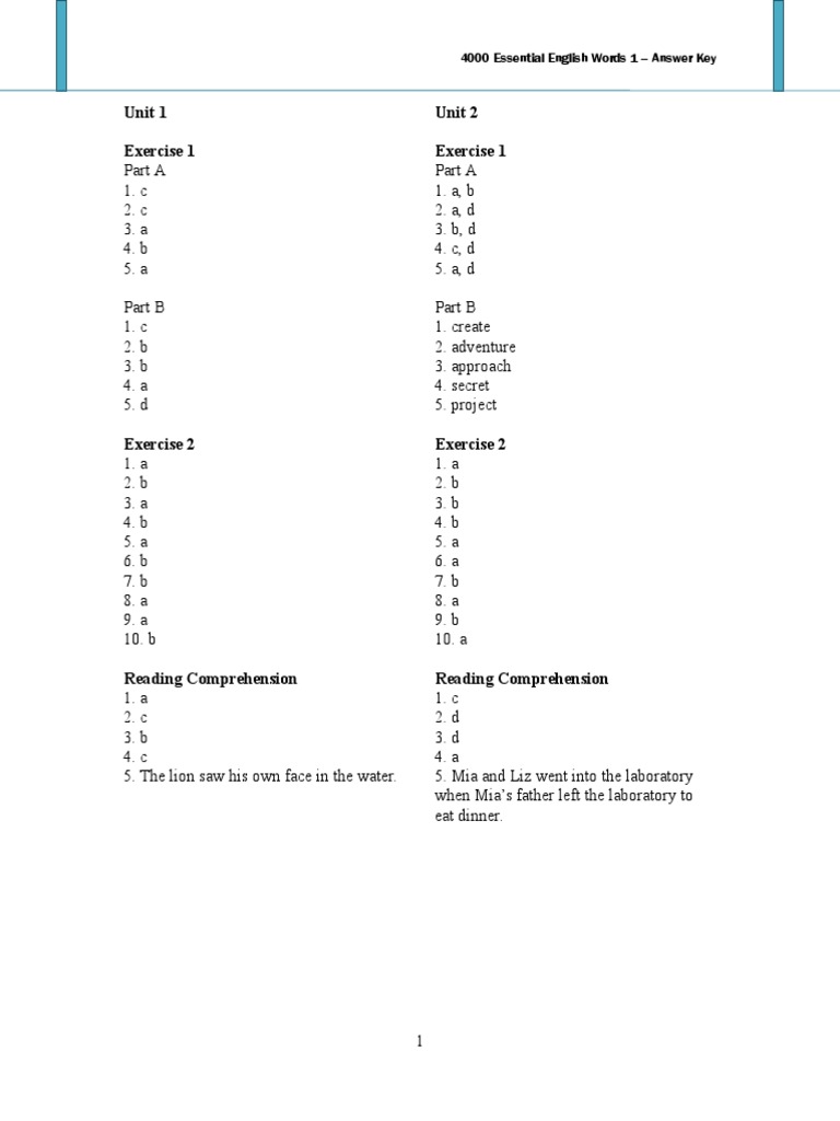 4000 Essential English Words 1 Answer Key Reading Comprehension Reading Process