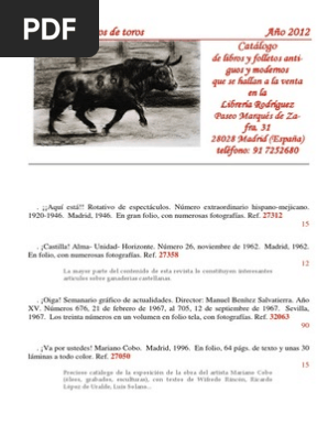 Catálogo Libros De Toros 2012 Toreo Madrid - 