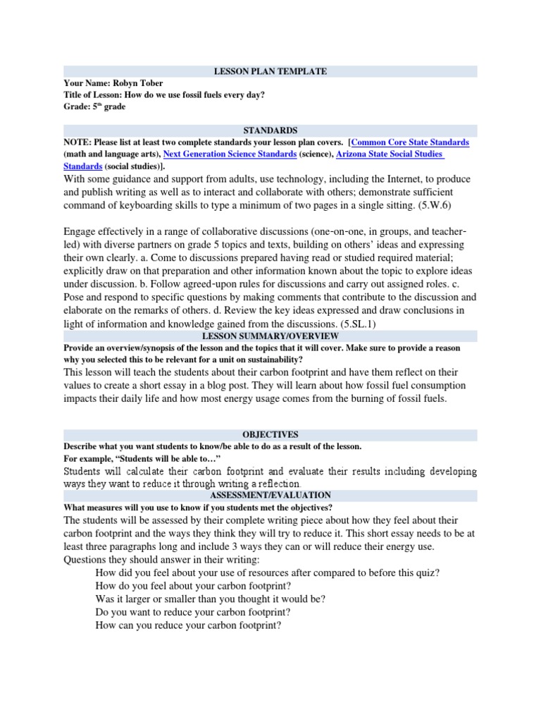 Fossil Fuels Lesson Plan PDF Carbon Footprint Lesson Plan