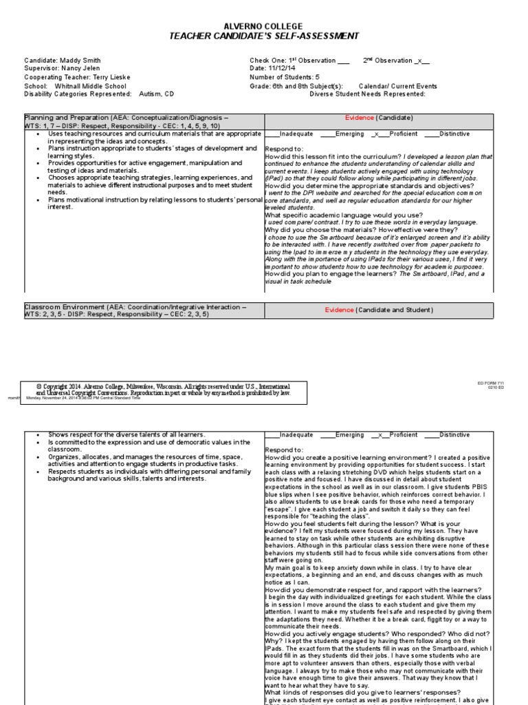 Observation Self Assessment | PDF | Educational Assessment | Reading ...