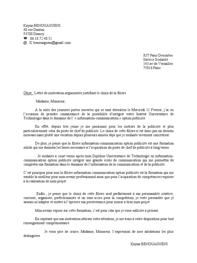 Lettre De Motivation Pour Dut Information Communication 