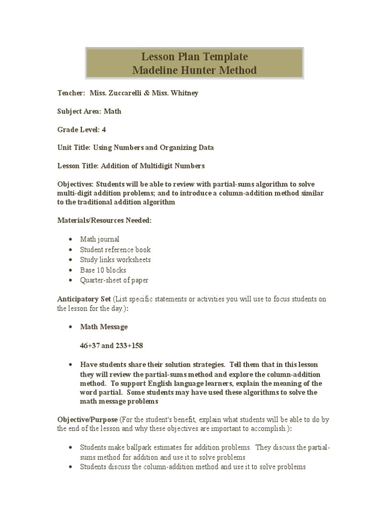 Hunter Template Lesson Plan Lesson Plan Teaching Mathematics