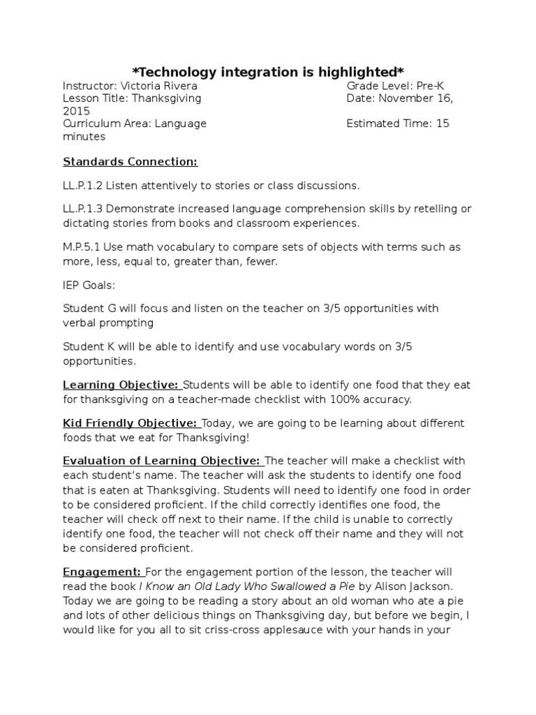 Thanksgiving Food Lesson Plan for Pre-K | PDF | Thanksgiving Dinner ...