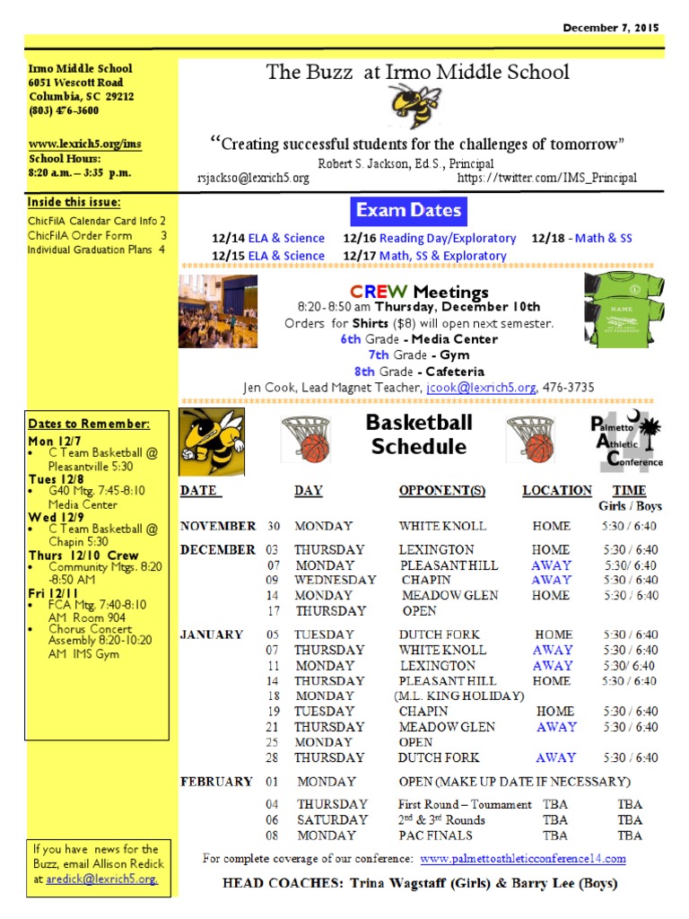 The Buzz at Irmo Middle School " Basketball Schedule PDF Academia