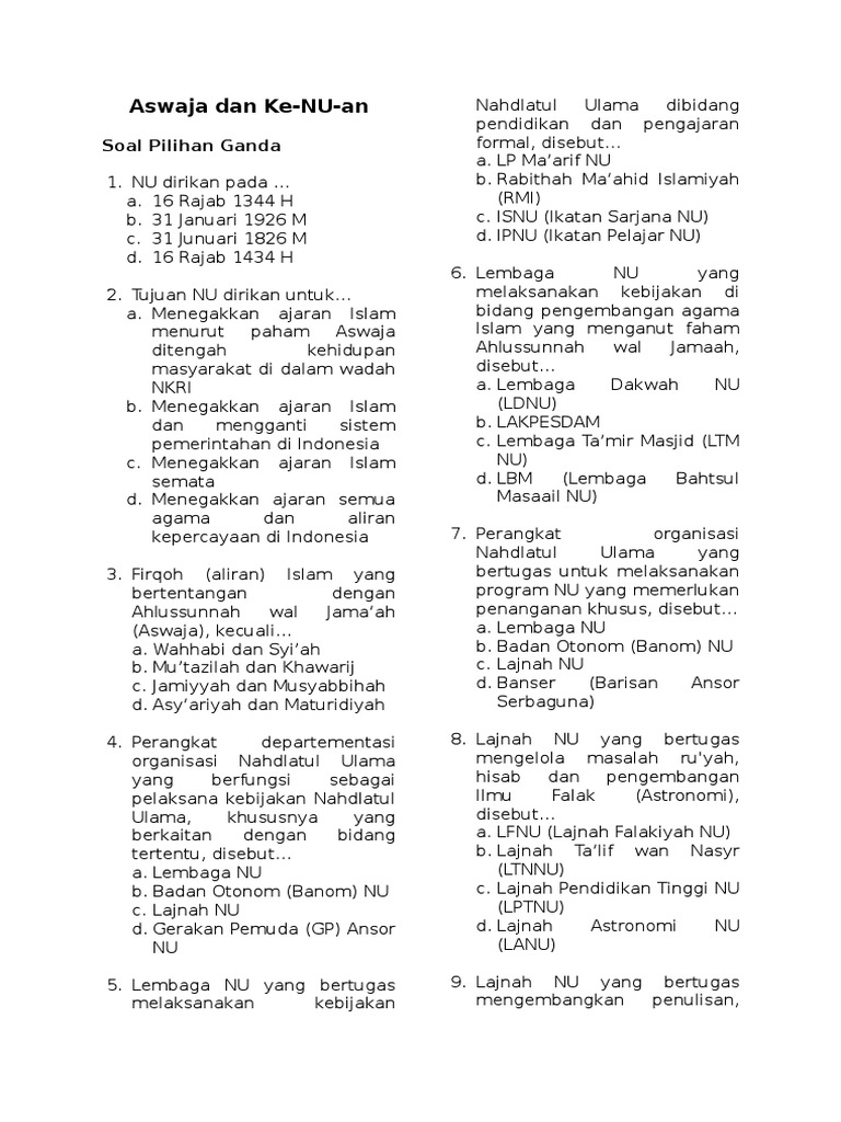 Soal Aswaja Dan Ke Nu An