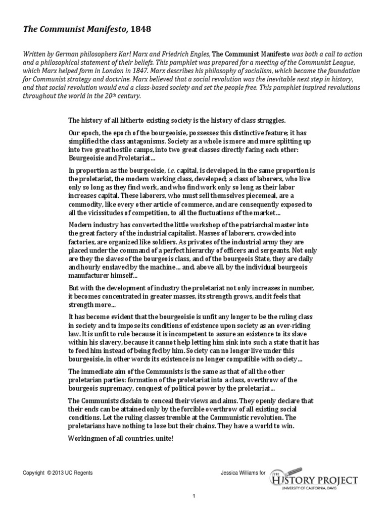 The Communist Manifesto Lesson Plan The Communist Manifesto Communism