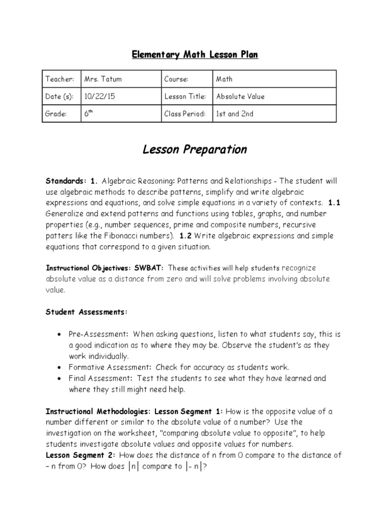 Lesson Plan On Integers For 7th Grade Numbers Educational Assessment
