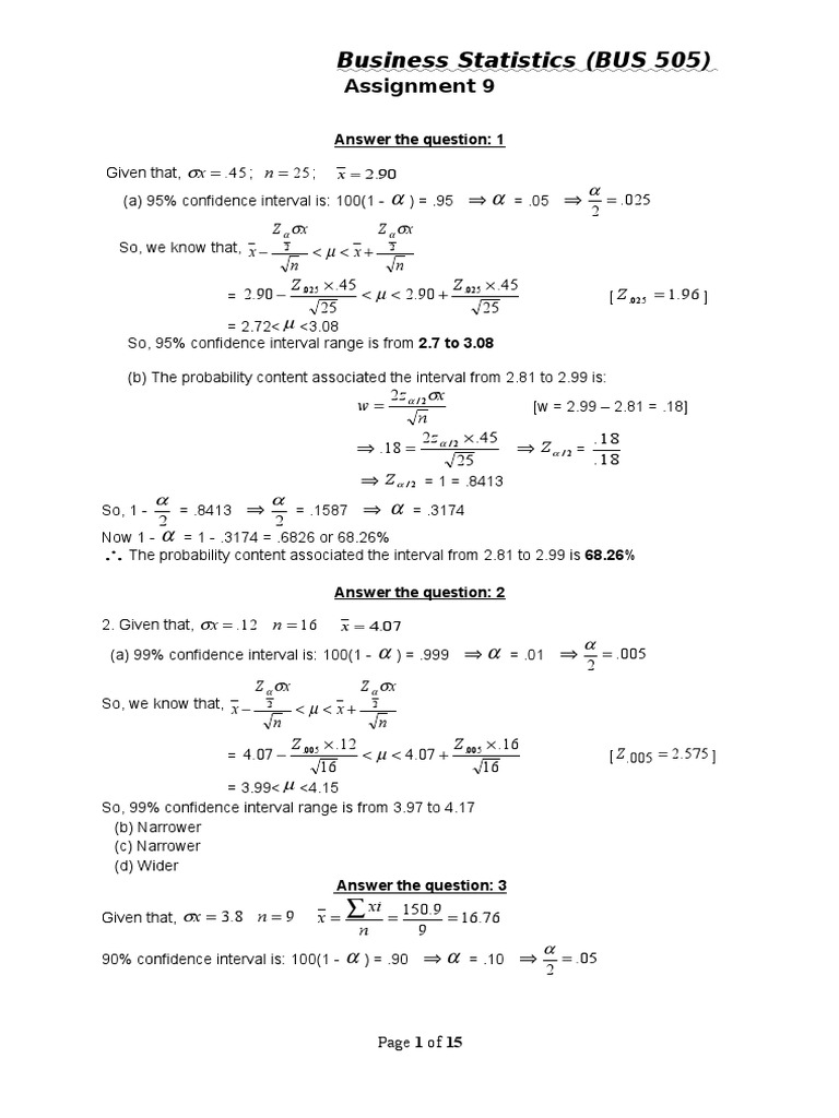 Business Statistics (BUS 505) : Assignment 9 | PDF | Confidence ...