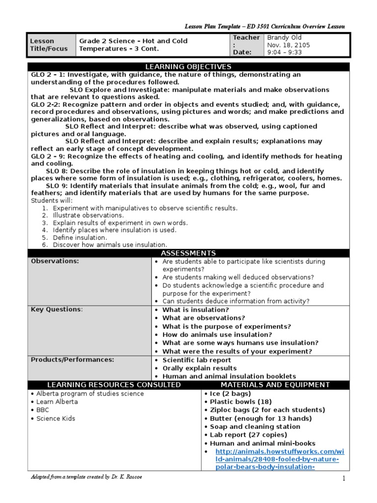 Learning Objectives Lesson Plan Template ED 3501 Curriculum Overview