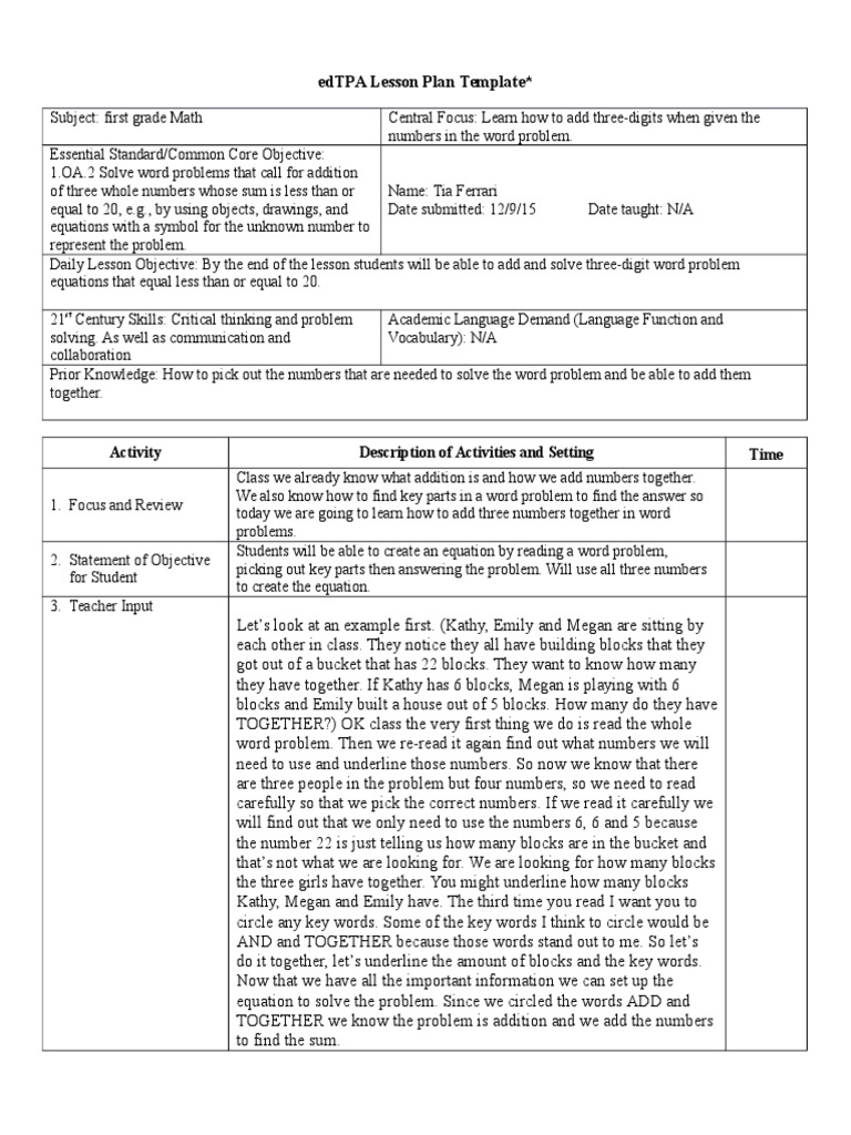 First Grade Math Lesson Plan: Adding Three-Digit Problems | PDF ...