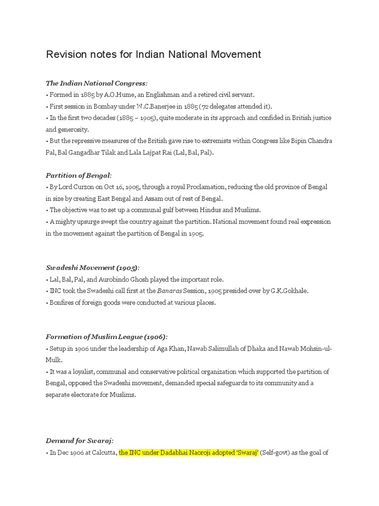 Revision Notes For Indian National Movement | PDF | Muhammad Ali Jinnah ...