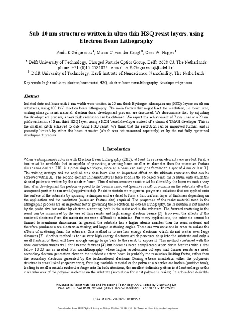 Sub-10 NM Structures Written in Ultra-Thin HSQ Resist Layers, Using ...