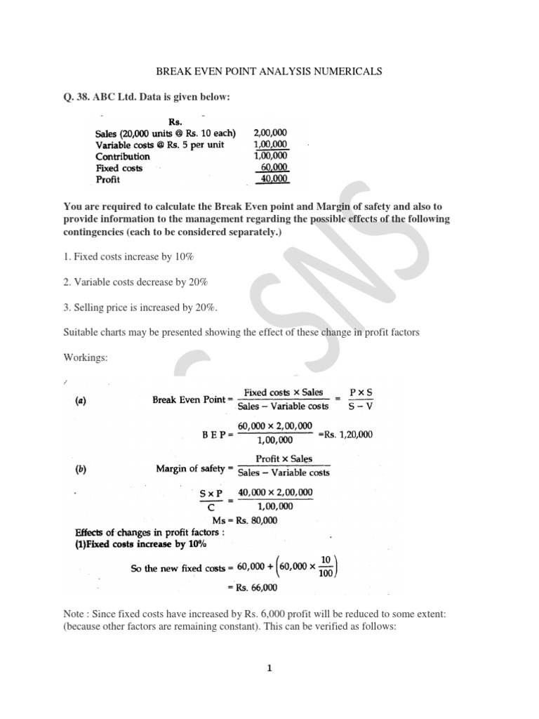 Break Even Point Analysis Numericals PDF Marketing Economics