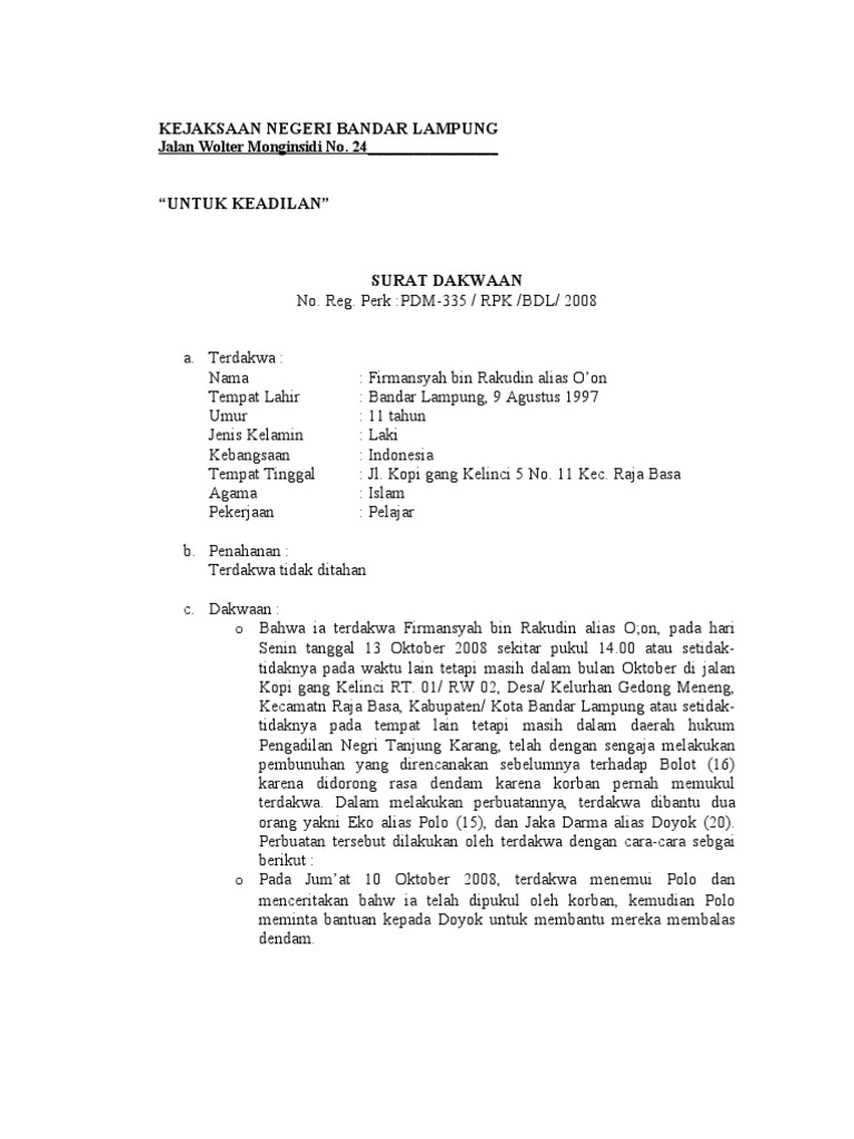Contoh Surat Dakwaan Tunggal Pidana 100percentpaperrecycle