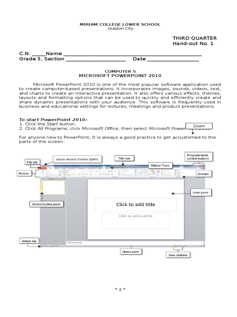 PowerPoint 2010 Overview for Grade 5 | PDF | Microsoft Power Point ...