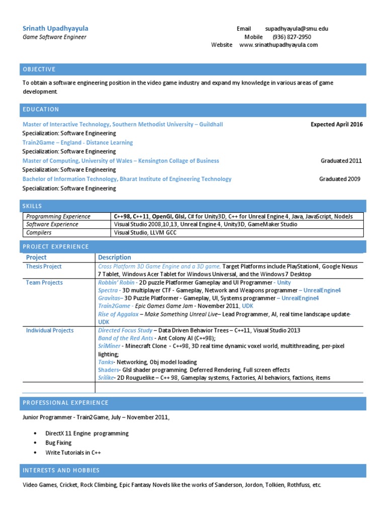 Game Software Engineer Resume | PDF