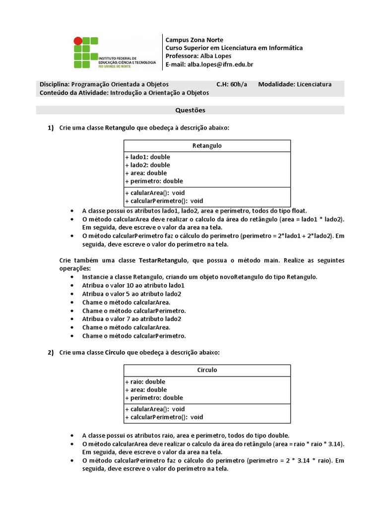 Lista de Exercicíos 01 - Introducao A Orientação de Objetos | PDF ...