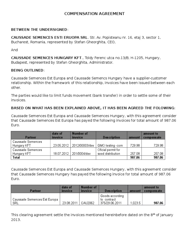 Compensation Agreement Between Caussade Entities | PDF | Economies ...