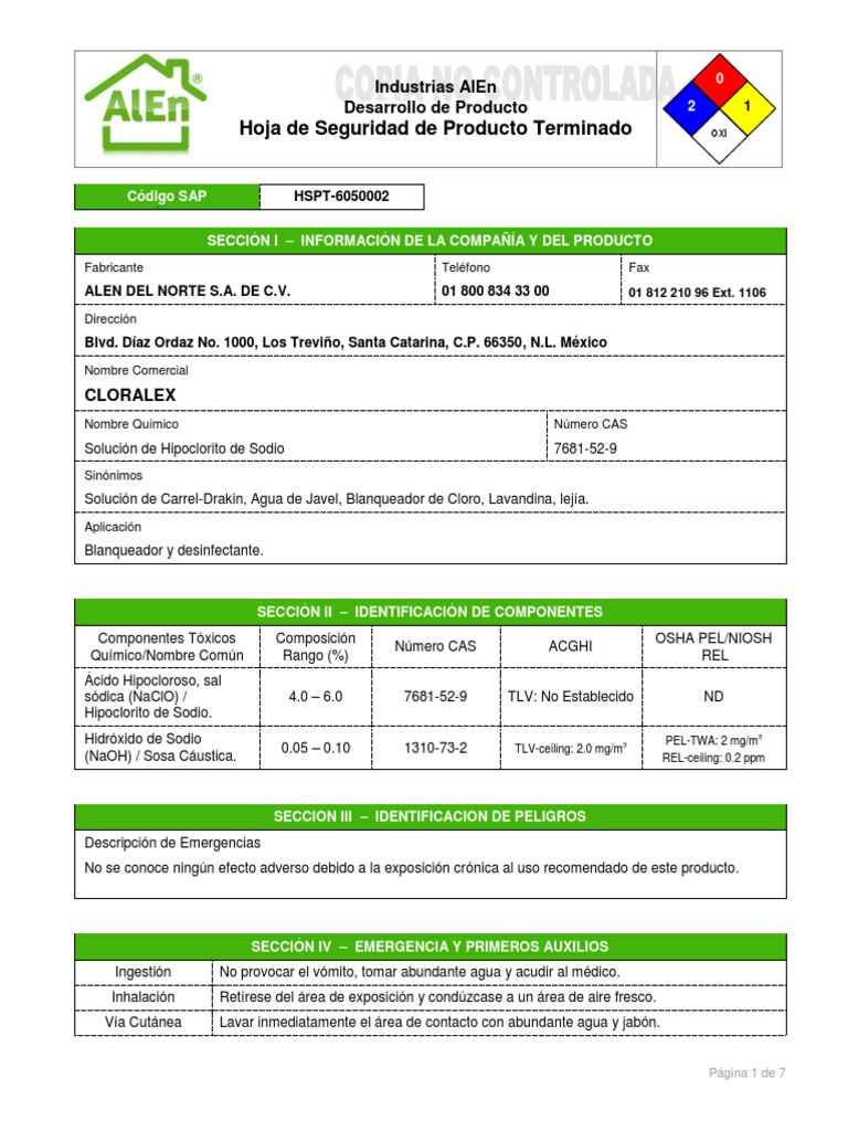 hoja de seguridad allen cloralex