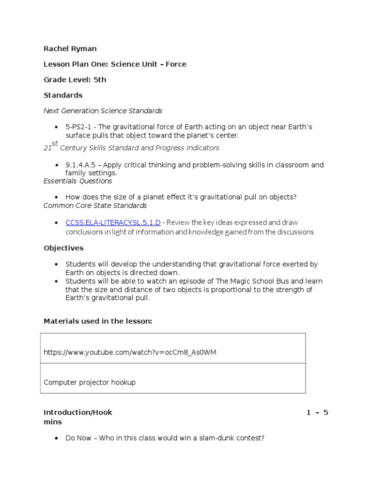5th Grade Lesson Plan on Gravity | PDF | Gravity | Friction