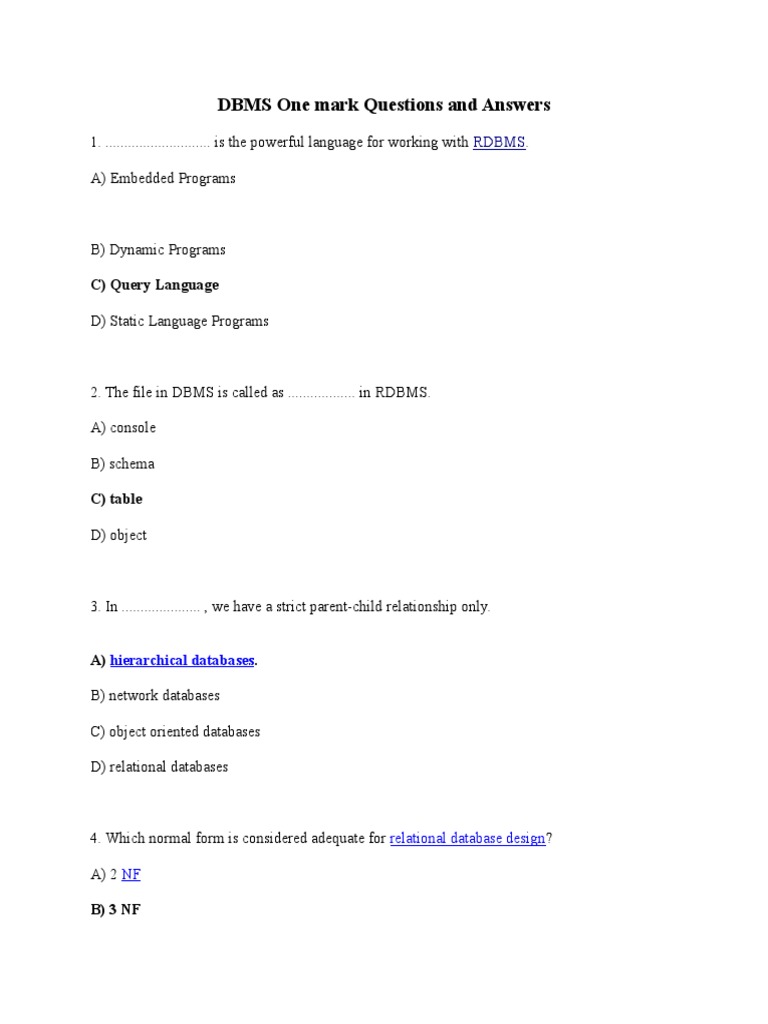 DBMS One Mark Questions & Answers | PDF | Database Transaction | Databases