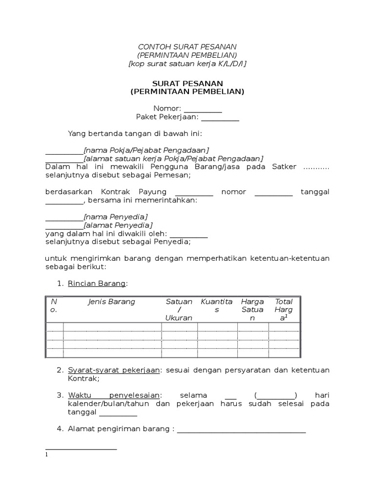 Contoh Surat Order Pengiriman Barang
