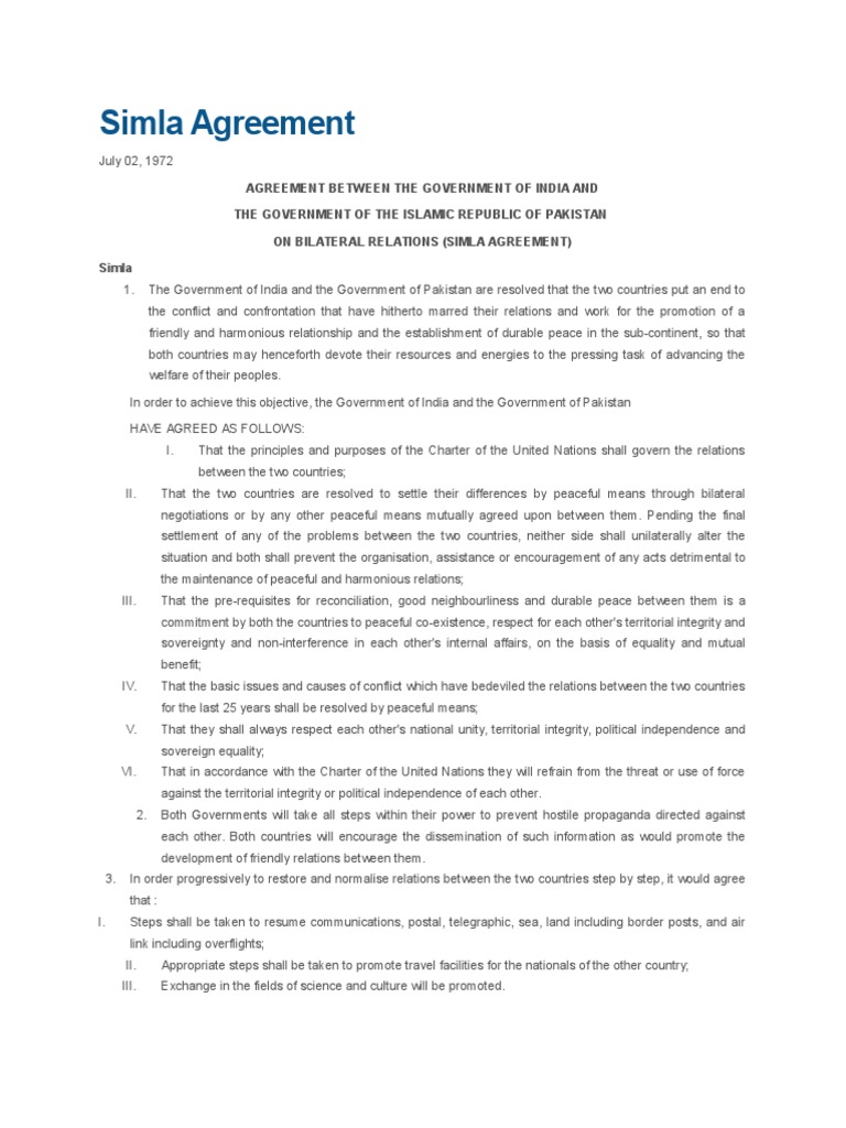 Shimla Agreement PDF Pakistan International Relations
