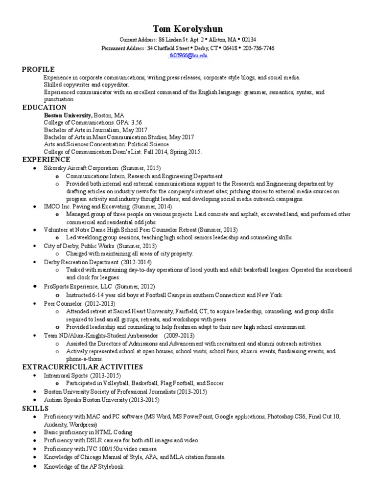 Tom Korolyshun Resume | PDF | Communication