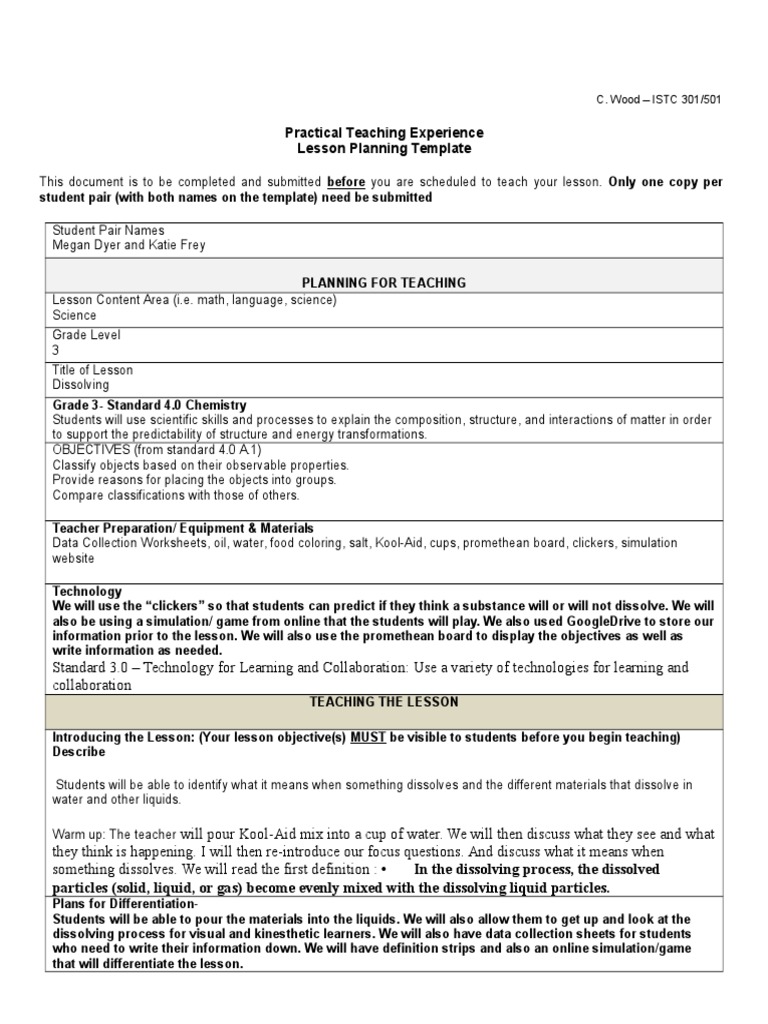 Practical Teaching Experience Lesson Planning Template | PDF ...