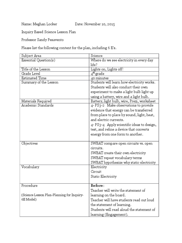 Inquiry Science Lesson Plans
