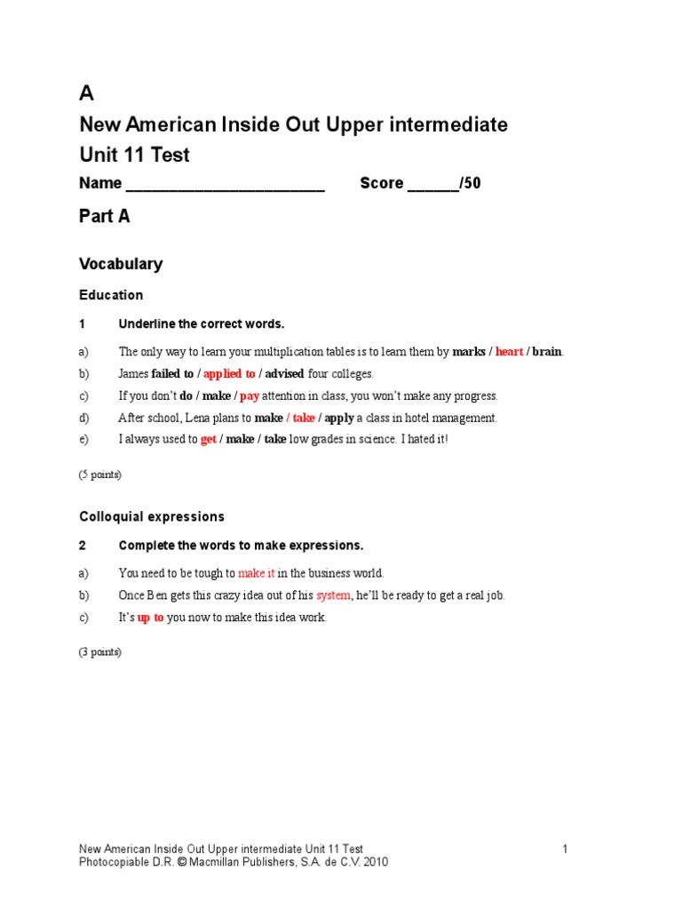 New American Inside Out Upper Intermediate Unit 11 Test | PDF | State ...
