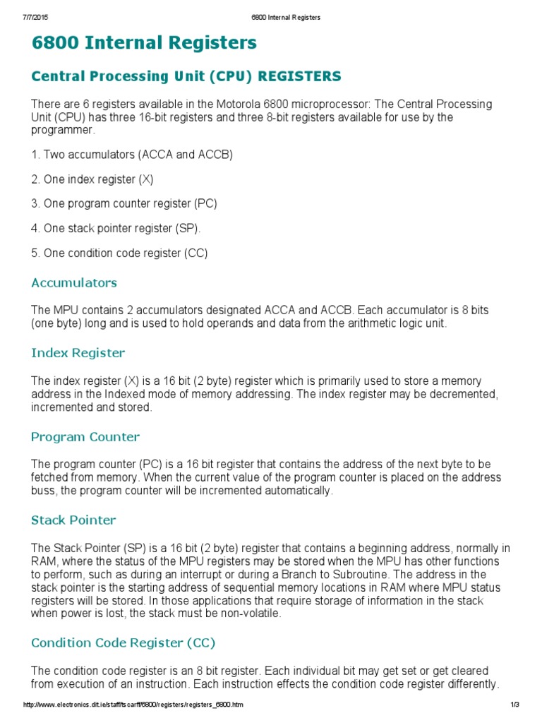Motorola 6800 CPU Internal Registers | PDF | Pointer (Computer ...