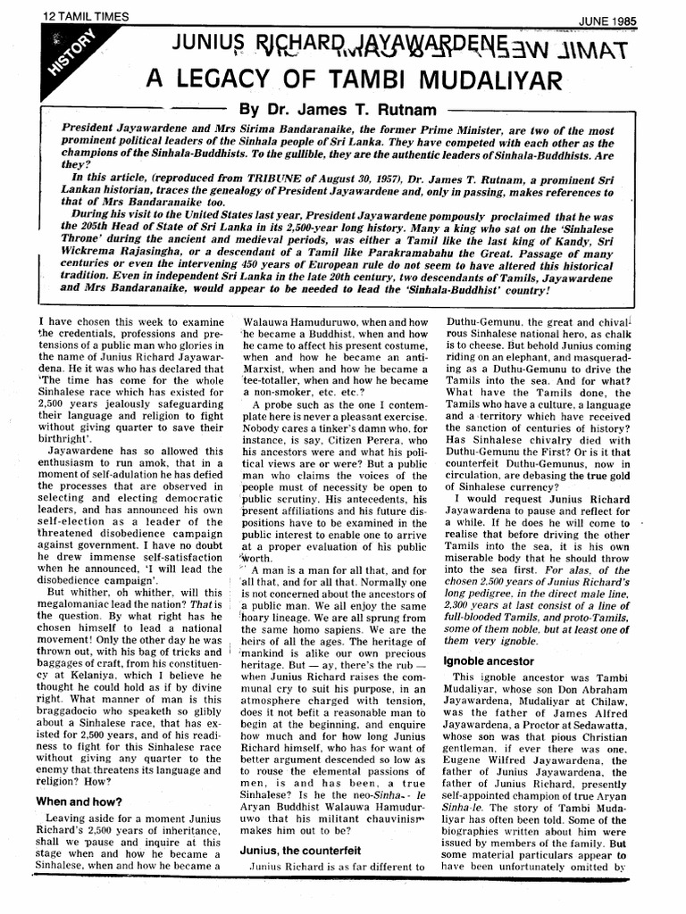JR Jayawardene's Family History by James Rutnam | PDF
