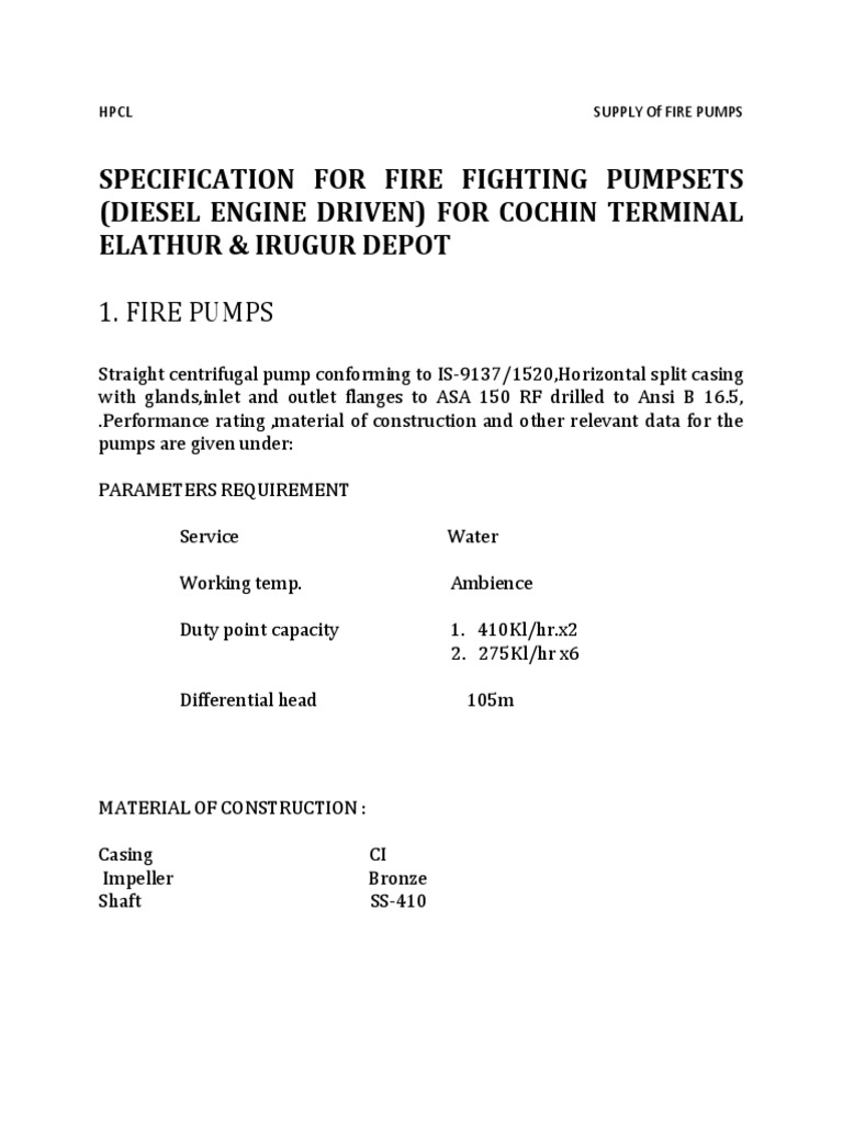 Diesel Fire Pump Specification for HPCL | PDF | Internal Combustion ...