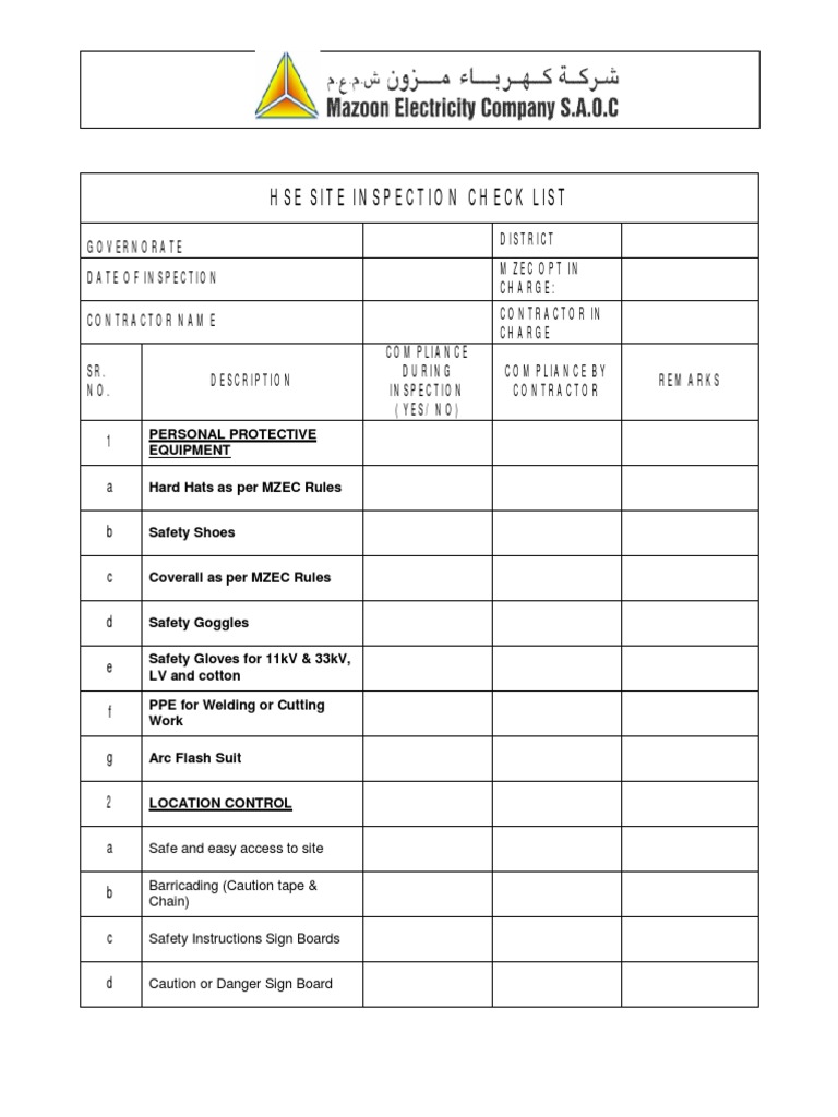 HSE Site Inspection Checklist | PDF | Science & Mathematics | Computers