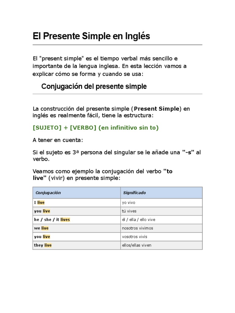 Presente Simple en Inglés: Uso y Conjugación | PDF | Verbo | Asunto ...