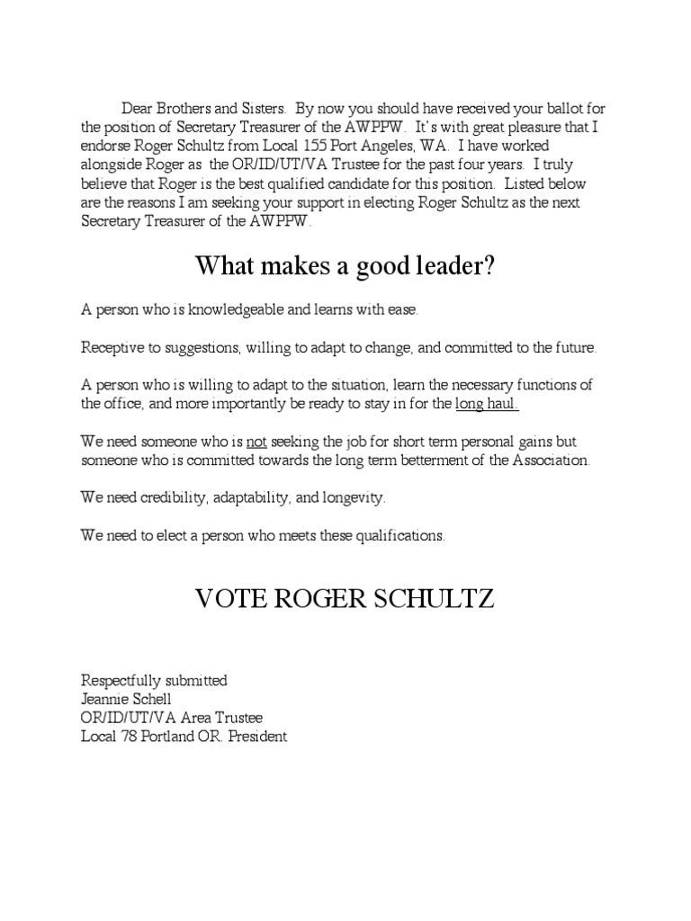 Endorsement for Roger Schultz AWPPW Secretary Treasurer | PDF