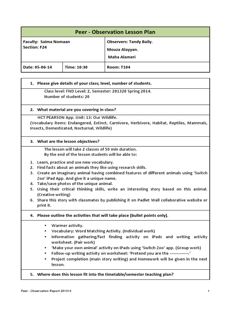 Peer - Observation Lesson Plan | PDF | Language Development | Classroom