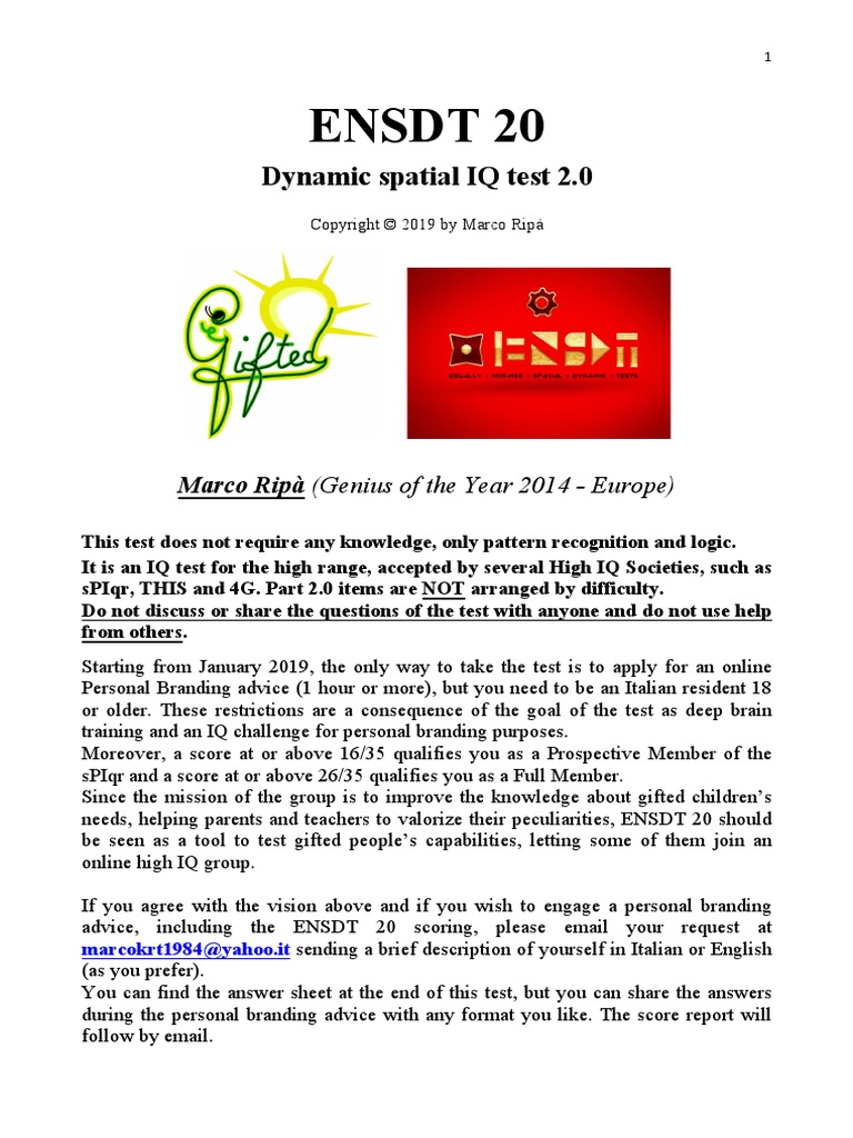 ENSDT 20 OFFICIAL IQ TEST (By Marco Ripà) PDF Intelligence