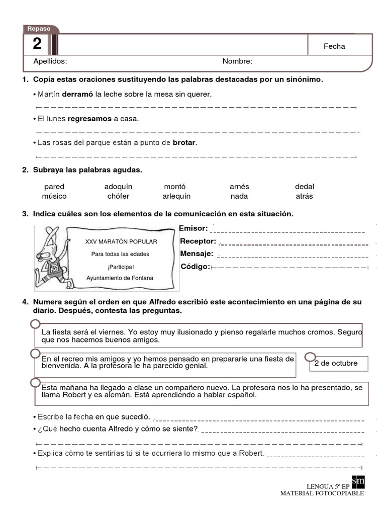 Lengua Repaso 5 Primaria Tema 2