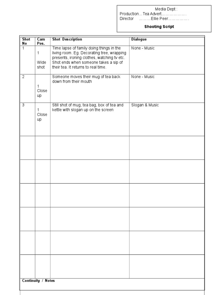Tea Advert Shooting Script Overview | PDF