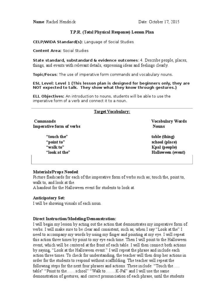 TPR Lesson Plan | PDF | Lesson Plan | Vocabulary
