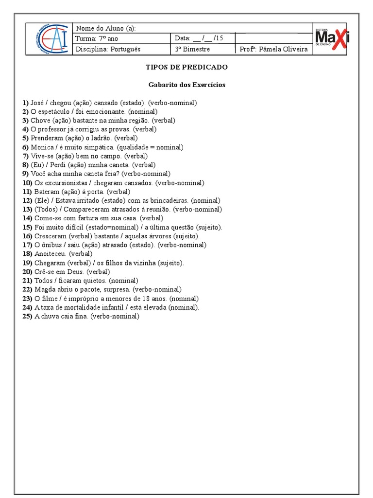 Tipos de Predicado: Exercícios e Gabarito | PDF