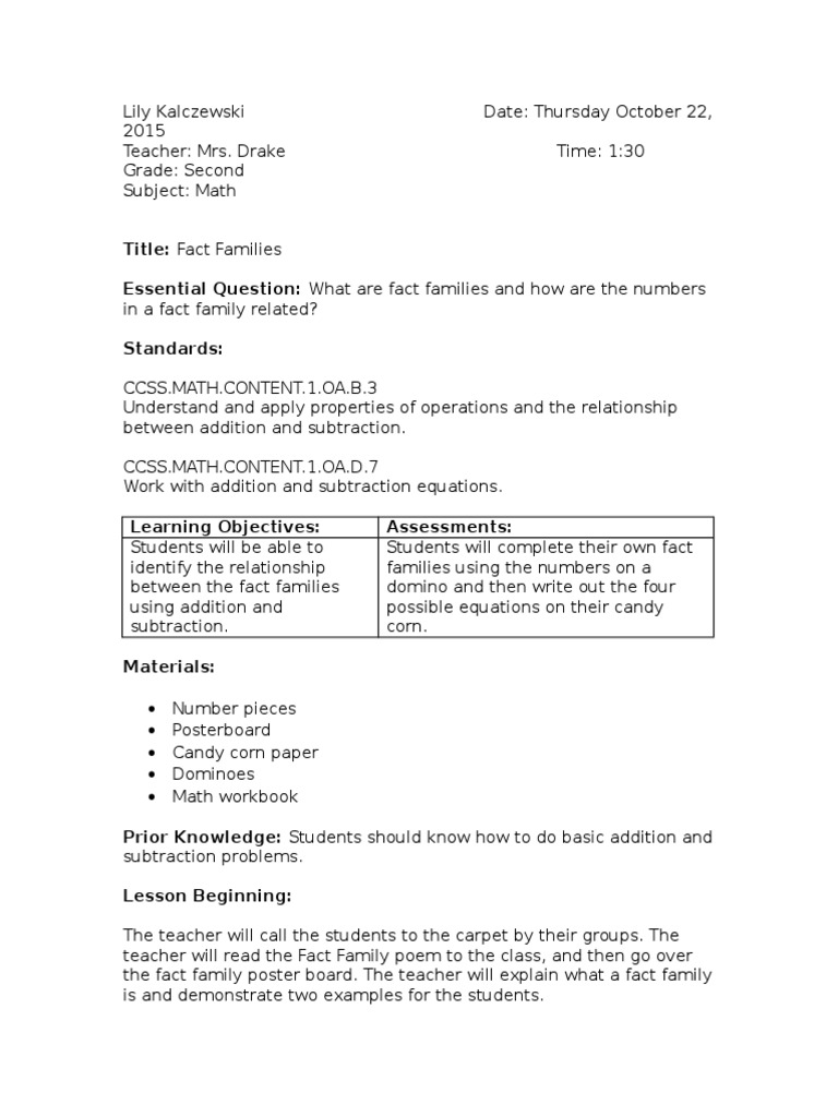 Fact Family Lesson Plan Lesson Plan Applied Psychology