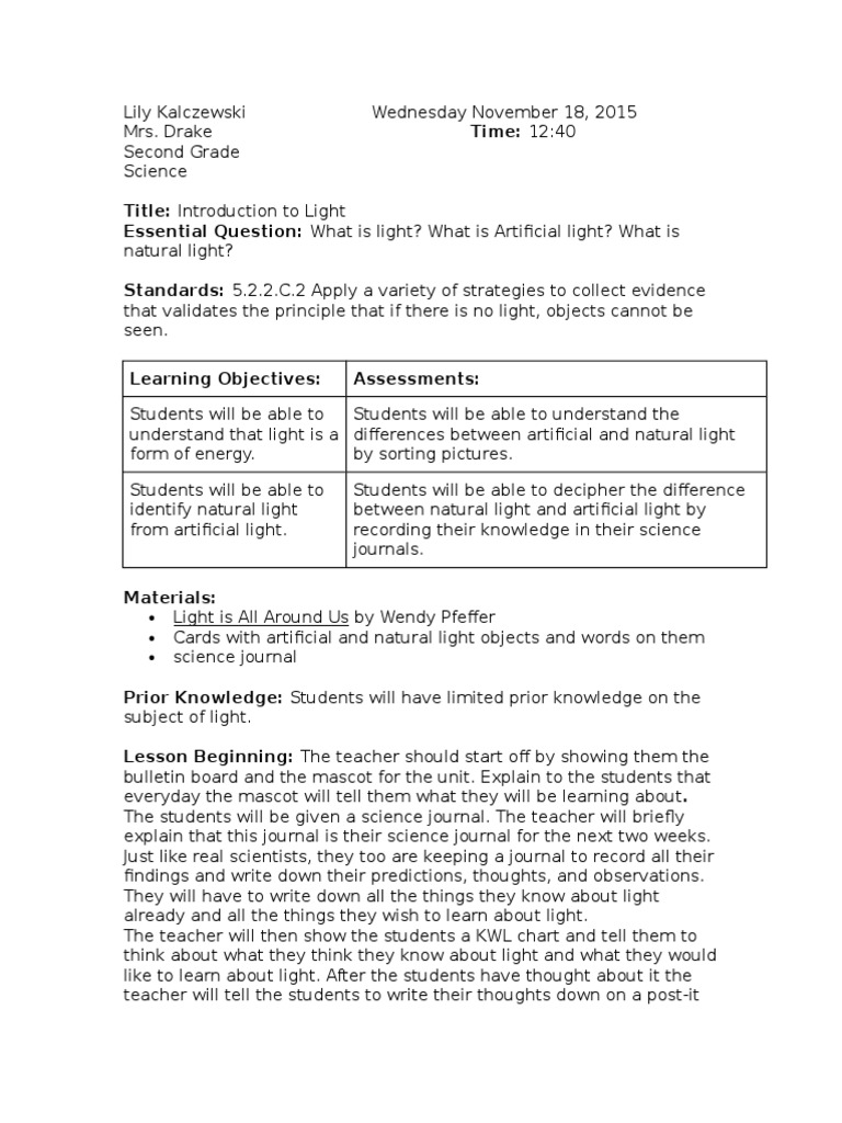 Intro To Light Lesson | PDF | Classroom | Science