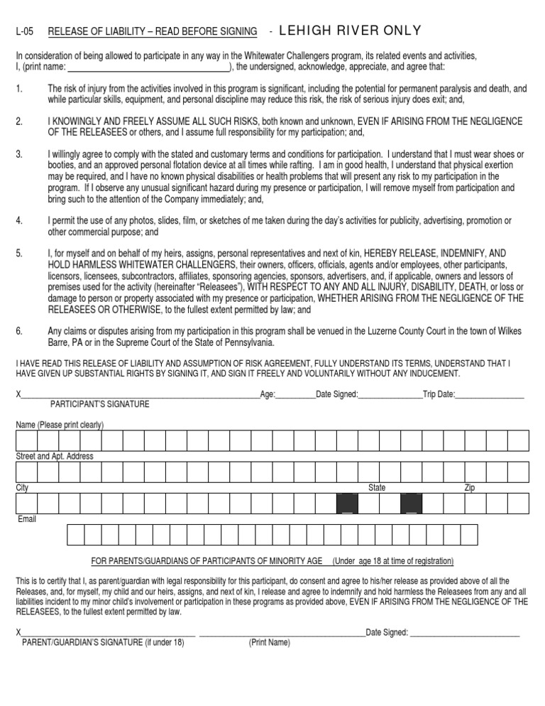 White Water Rafting Waiver Form PDF Indemnity Private Law