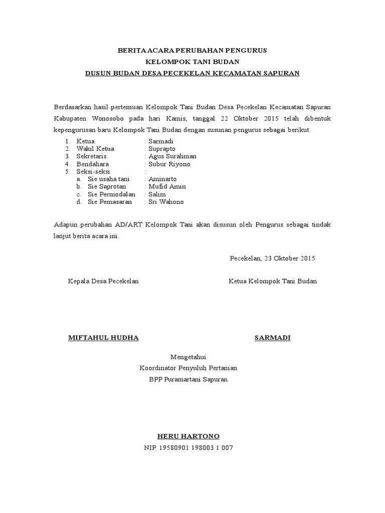 Contoh Surat Berita Acara Pergantian Pengurus Organisasi