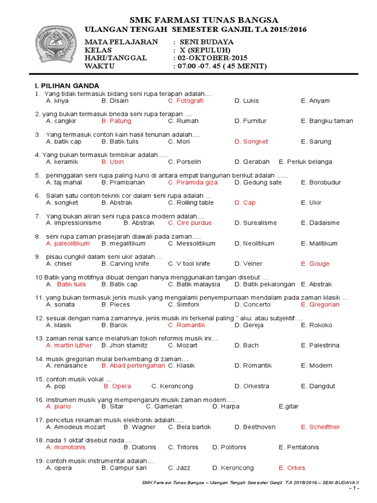 Soal Uts Seni Budaya Kelas X
